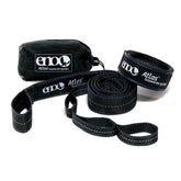 ENO Atlas front view in black and royal showing compact strap set and carabiner, ideal for quick hangs
