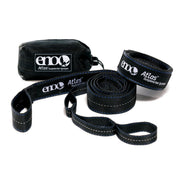 ENO Atlas front view in black and royal showing compact strap set and carabiner, ideal for quick hangs