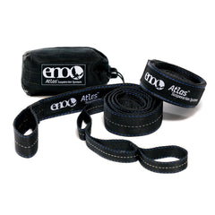 ENO Atlas front view in black and royal showing compact strap set and carabiner, ideal for quick hangs