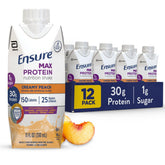 Ensure bottle front view showing creamy peach flavor and 30g protein benefit
