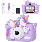 Envyvip purple camera front view showing buttons and unicorn design, inspires play