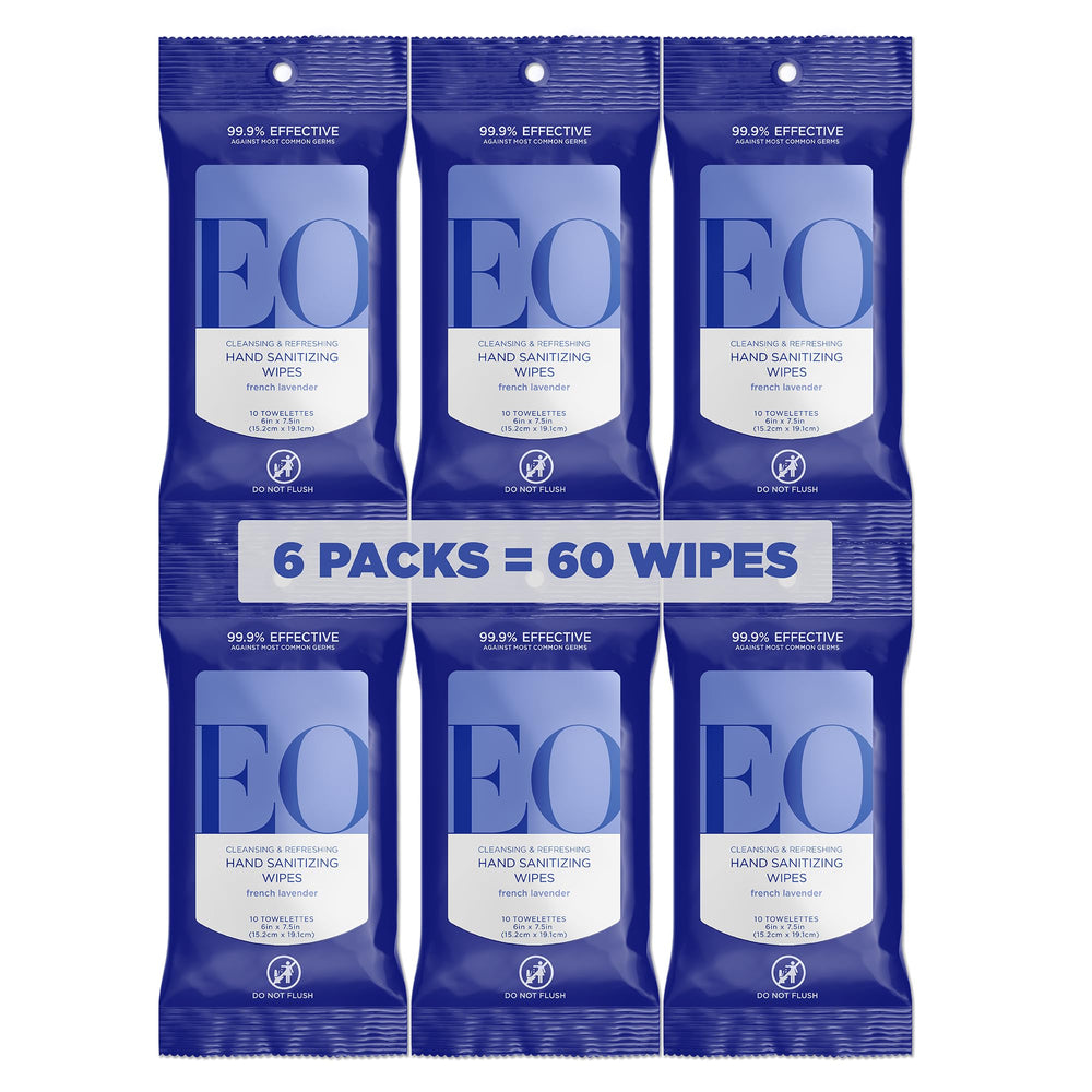 EO front packaging showing six resealable lavender wipe packs and benefits