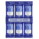 EO front packaging showing six resealable lavender wipe packs and benefits