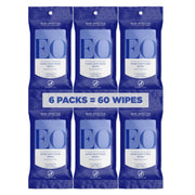 EO front packaging showing six resealable lavender wipe packs and benefits