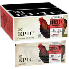 Epic empaque frontal mostrando barras de pollo sriracha y ventaja portable
