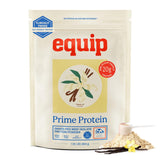 Equip jar front view showing Prime Vanilla protein and benefits