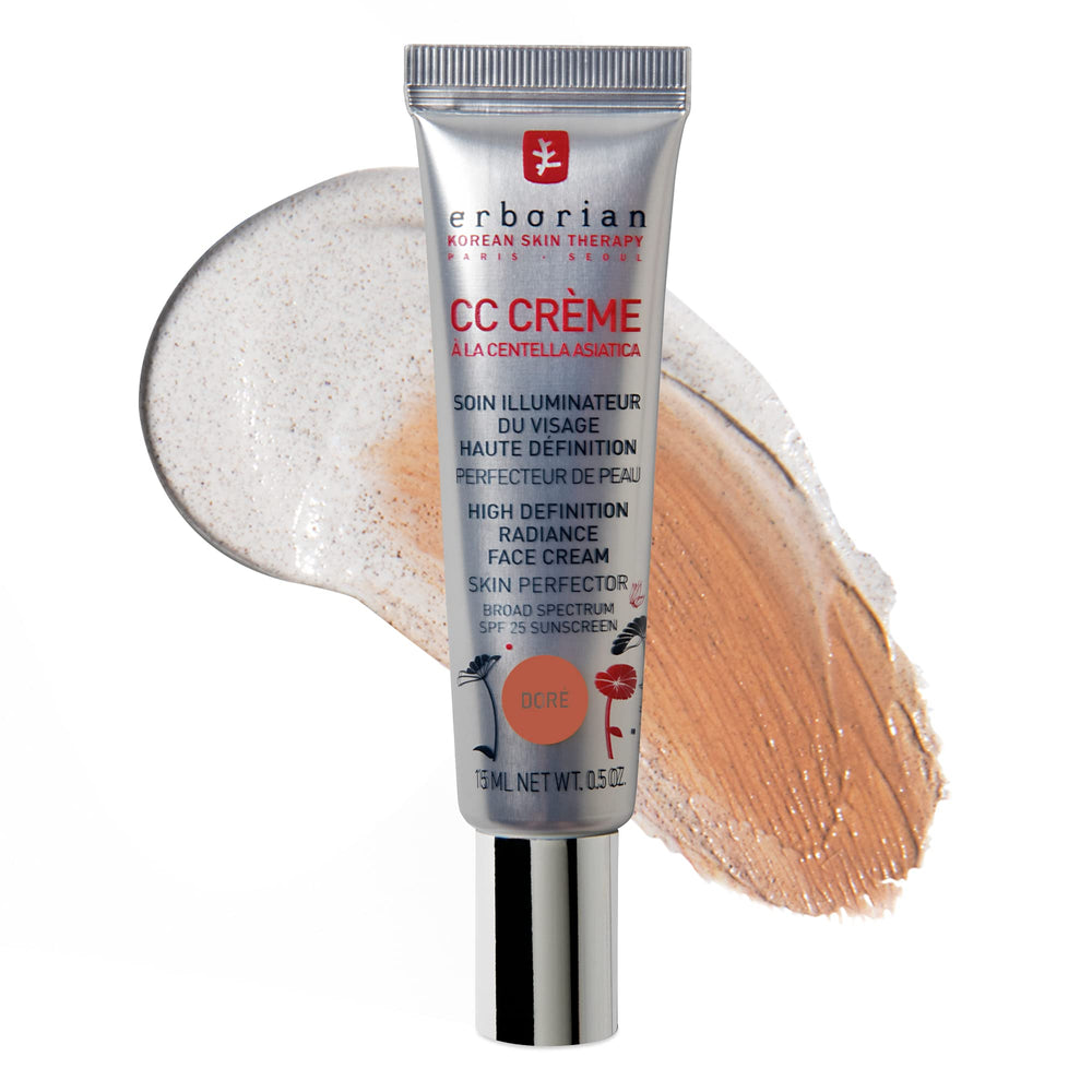 Erborian CC Cream Doré vista frontal con tapa, muestra protección y acabado iluminador