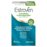 Estroven bottle front view showing product name and 60 caplets, clear benefit statement