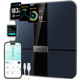 Etekcity scale front view showing sleek black finish and benefit of clear readings