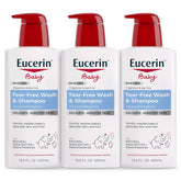 Eucerin baby pump bottle front view showing unscented formula and gentle design benefit