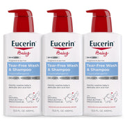 Eucerin baby pump bottle front view showing unscented formula and gentle design benefit