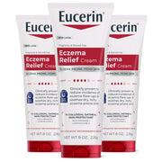 Eucerin front packaging three 8 oz tubes showing multipack convenience and supply