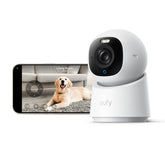 eufy Security vista frontal de la cámara mostrando lente y diseño moderno, seguridad nítida