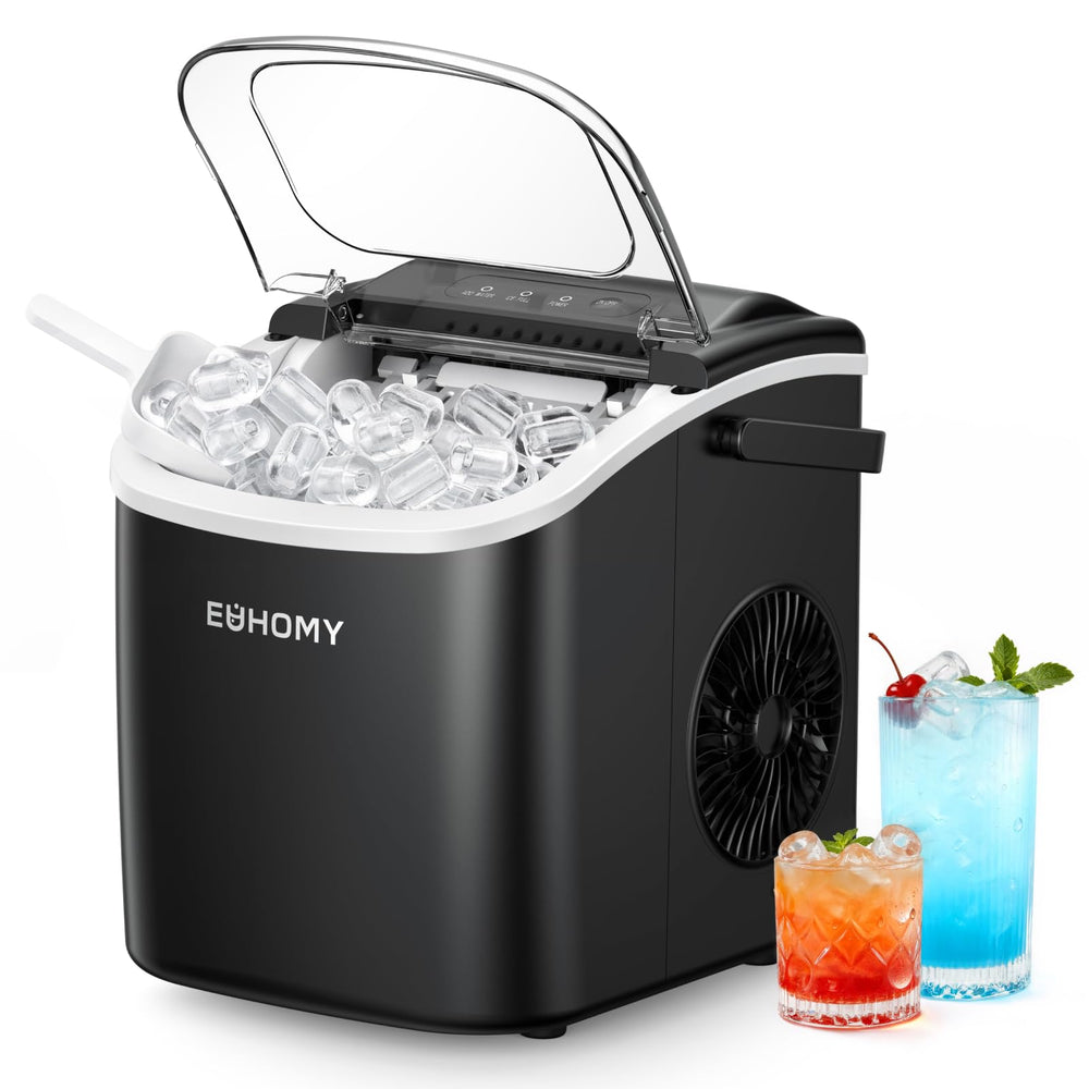 EUHOMY front view showing compact black countertop unit and fast ice production benefit
