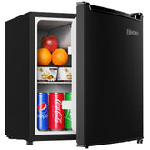 EUHOMY front view of compact fridge showing sleek black finish and compact benefit