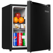 EUHOMY front view of compact fridge showing sleek black finish and compact benefit