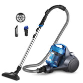 Eureka front view of blue canister vacuum showing compact design and easy storage benefit