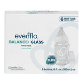 Evenflo Balance+ front packaging showing six clear glass bottles for preparedness