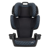Evenflo GoTime LX front view showing Quincy Blue fabric and protective design benefits