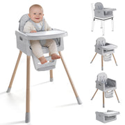 EverKiddo vista frontal de la trona gris con veta madera, aspecto moderno y estable