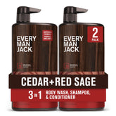 Every Man Jack front packaging showing cedar red sage scent and two bottles benefits convenience