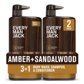 Every Man Jack front packaging showing Amber Sandalwood scent and large pump benefit