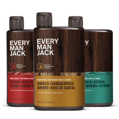 Every Man Jack front packaging showing three bottles and variety benefits