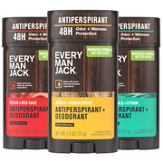 Every Man Jack frente del pack mostrando las tres fragancias y protección 48 horas