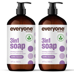 Everyone botella frontal pack de dos con etiqueta clara y beneficios ecológicos