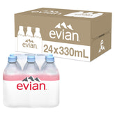 evian front pack of 24 bottles showing brand and convenience