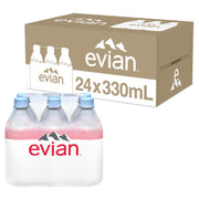 evian front pack of 24 bottles showing brand and convenience
