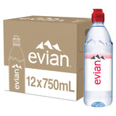 evian front packaging showing 12 pack and portability benefits