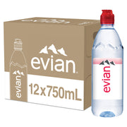 evian front packaging showing 12 pack and portability benefits