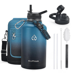EvoPhlask vista frontal indigo black con botella aislada y diseño limpio