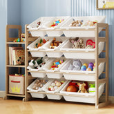 EXPERLAM front view of assembled toy organizer showing storage and bins benefit accessibility