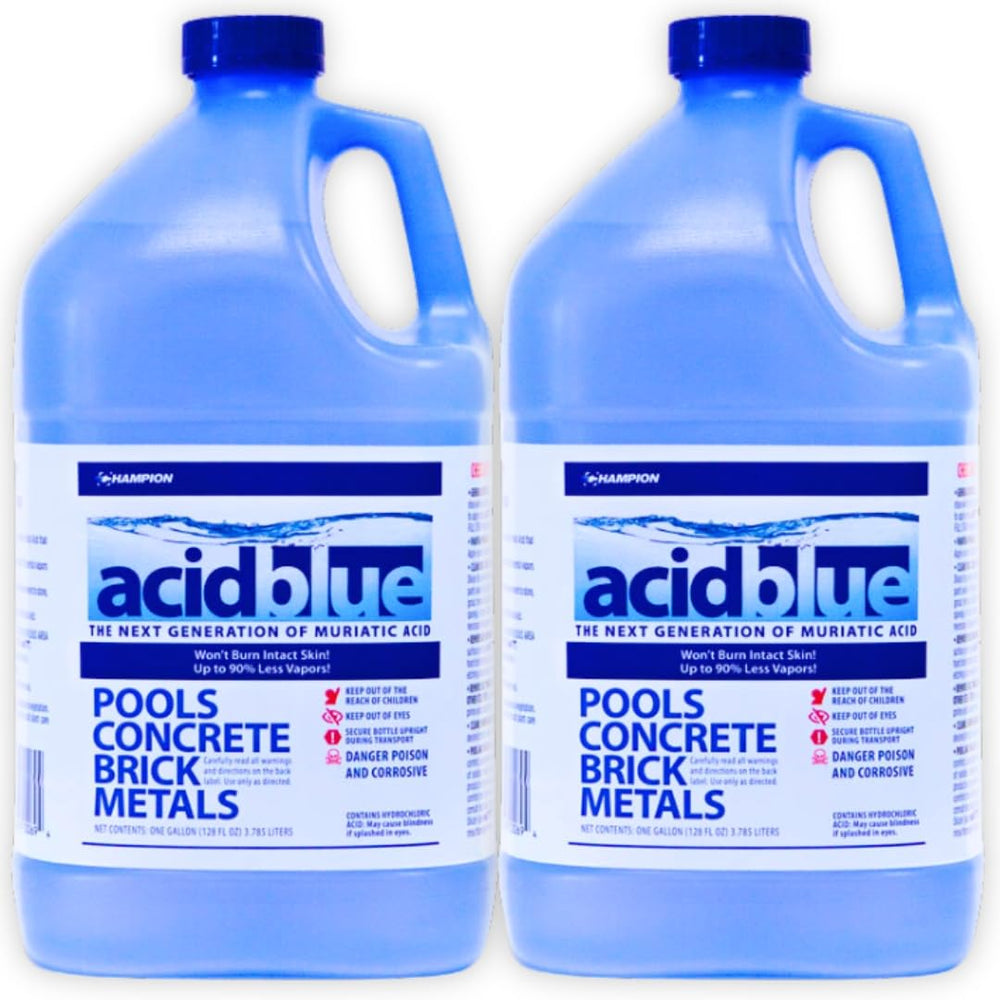 EZ POOLS envase frontal Acid Blue 2 galones mostrando etiqueta clara y seguro