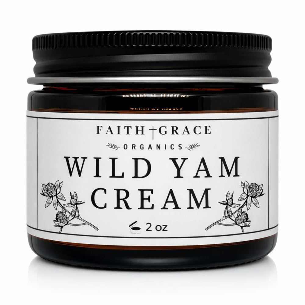 Faith and Grace Organics envase frontal de Wild Yam crema, presentación orgánica y segura