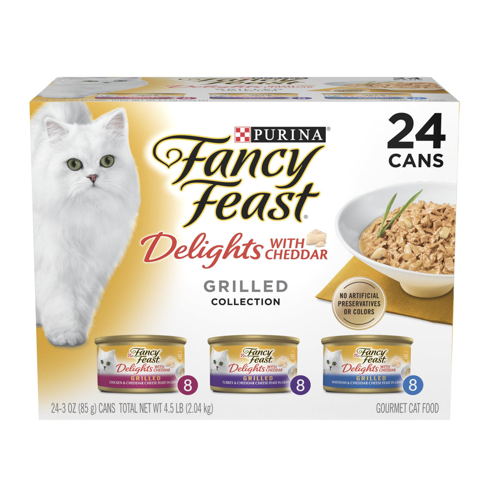 Fancy Feast paquete frontal mostrando latas y beneficios nutritivos