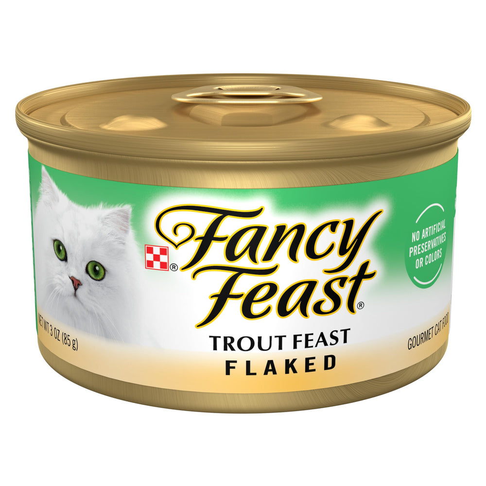 Fancy Feast lata frontal que muestra la receta de trucha y atractivo visual