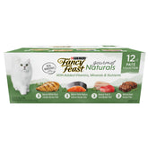 Fancy Feast frente del paquete de latas mostrando variedad y conveniencia