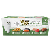 Fancy Feast frente del paquete de latas mostrando variedad y conveniencia