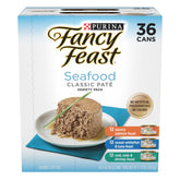 Fancy Feast front packaging showing seafood variety and convenient 36-pack