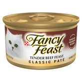 Fancy Feast frontal del envase de ternera mostrando diseño y tamaño práctico