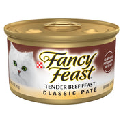 Fancy Feast frontal del envase de ternera mostrando diseño y tamaño práctico