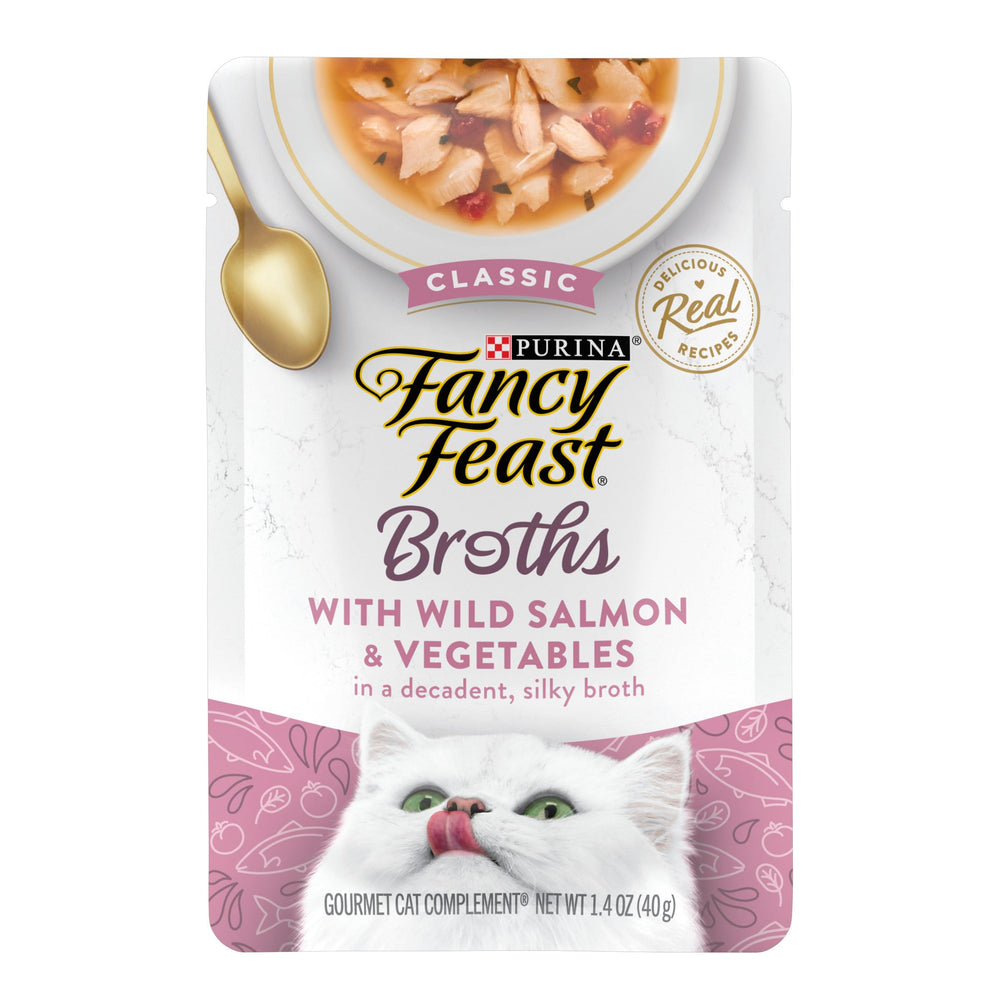 Fancy Feast imagen frontal del paquete Broth con beneficio visual de variedad