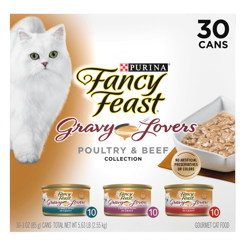 Fancy Feast paquete frontal mostrando las 30 latas y conveniencia