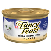 Fancy Feast lata frente mostrando marca y sabor marino para apetito exigente