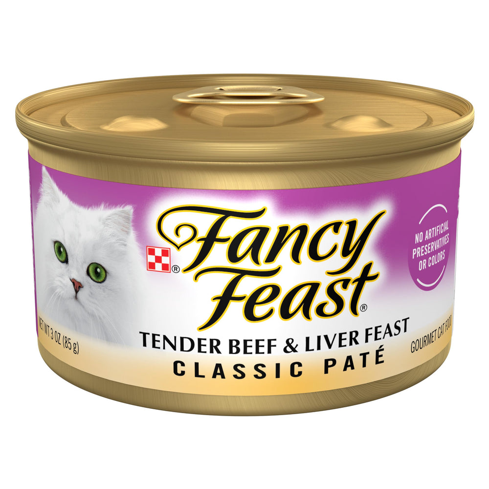 Fancy Feast lata frontal mostrando la marca y beneficio de sabor gourmet