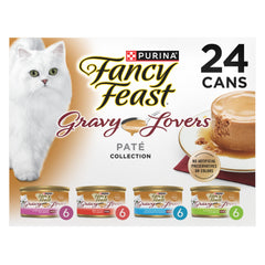 Fancy Feast empaque frontal mostrando variedad y conveniencia para dueños
