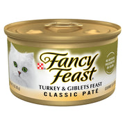 Fancy Feast frente del envase mostrando pavo y vísceras, atractivo visual